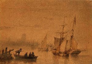 Marina with ferry sailing ships and signed
