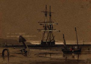 A trading brig at anchor off the coast