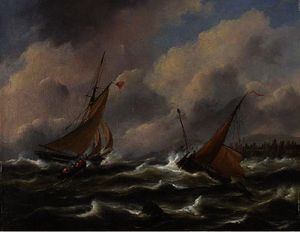Dutch fishing vessels off a jetty in stormy seas