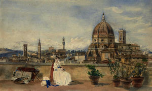 The artist's wife admiring the skyline of florence with the bargello