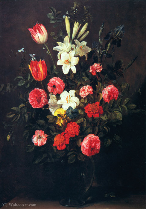 Wikioo.org - The Encyclopedia of Fine Arts - Painting, Artwork by Frans Ykens - Bouquet of flowers in a glass vase (90 x 64.5) (private collection)