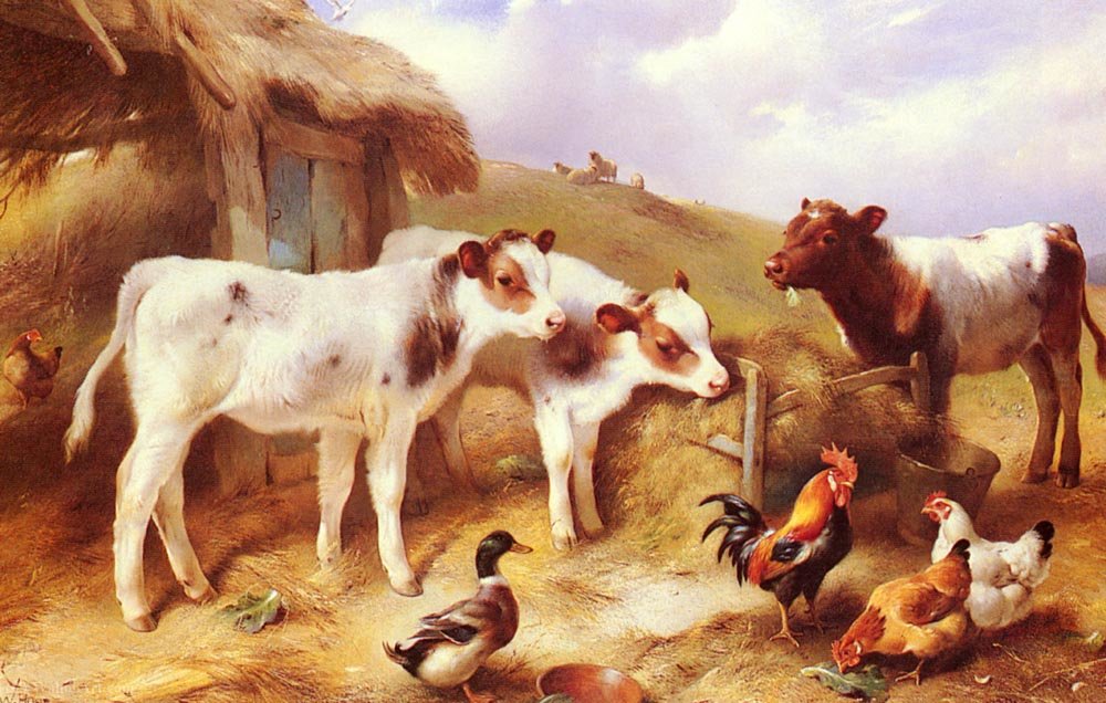 Лошади коровы и куры. Домашний скот и птица. Скотный двор живопись. Корова картина. Скотный двор в деревне.