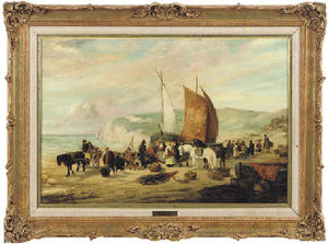 Villagers gathered on the beach, bringing in the catch at low tide