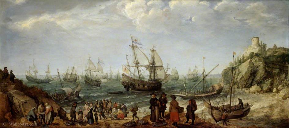 Wikioo.org - The Encyclopedia of Fine Arts - Painting, Artwork by Adam Willaerts - Warships off the Coast with a Fishmarket on the Beach