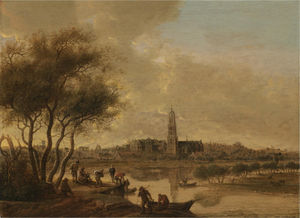 A panoramic view of rhenen seen from the south bank of the nederijn, with the church of st cunera