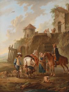A hunting party in the catch in front of a house
