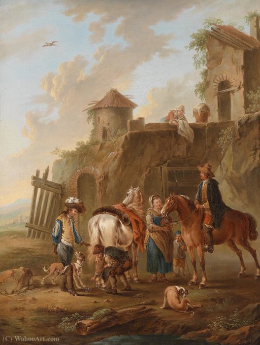Wikioo.org - The Encyclopedia of Fine Arts - Painting, Artwork by August Querfurt - A hunting party in the catch in front of a house