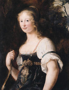 A portrait of a young woman as Diana, standing half length in a landscape, wearing a green dress and chemise, a wrap around her waist - a fragment