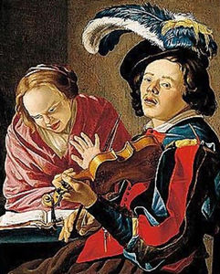 An allegory of the sense of hearing an interior with a boy playing the violin and a lady singing