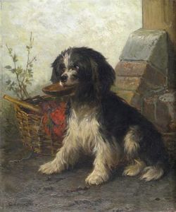 A black and white terrier by a basket