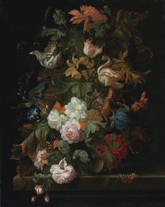 Still life of flowers in a glas vase with butterfly, all on a ledge