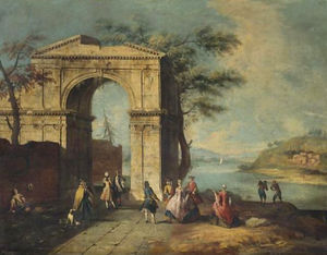 Elegant figures standing by a classical arch