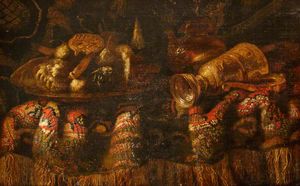 Still Life with a Rich Rug, a Gold Plate, a Nautillus Shell Cup Topped with a Cupid and a Bust of Diana