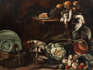 Great kitchen still life with vegetables, plate, trash, dead poultry and uvade