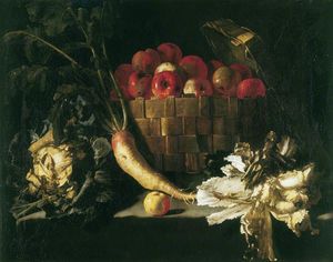Still Life with apples in a wicker basket, with a cabbage, parsnip, lettuce and an apple on a stone ledge
