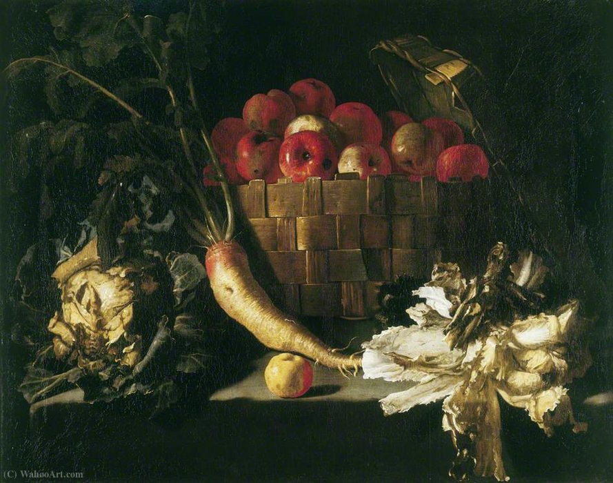 Wikioo.org - The Encyclopedia of Fine Arts - Painting, Artwork by Giuseppe Recco - Still Life with apples in a wicker basket, with a cabbage, parsnip, lettuce and an apple on a stone ledge