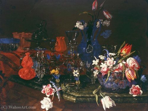 Wikioo.org - The Encyclopedia of Fine Arts - Painting, Artwork by Giuseppe Recco - Still life with glass vessels.