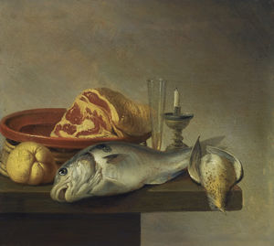 Still life with a ham, a fish, a candle and other objects arranged on the edge of a tabletop