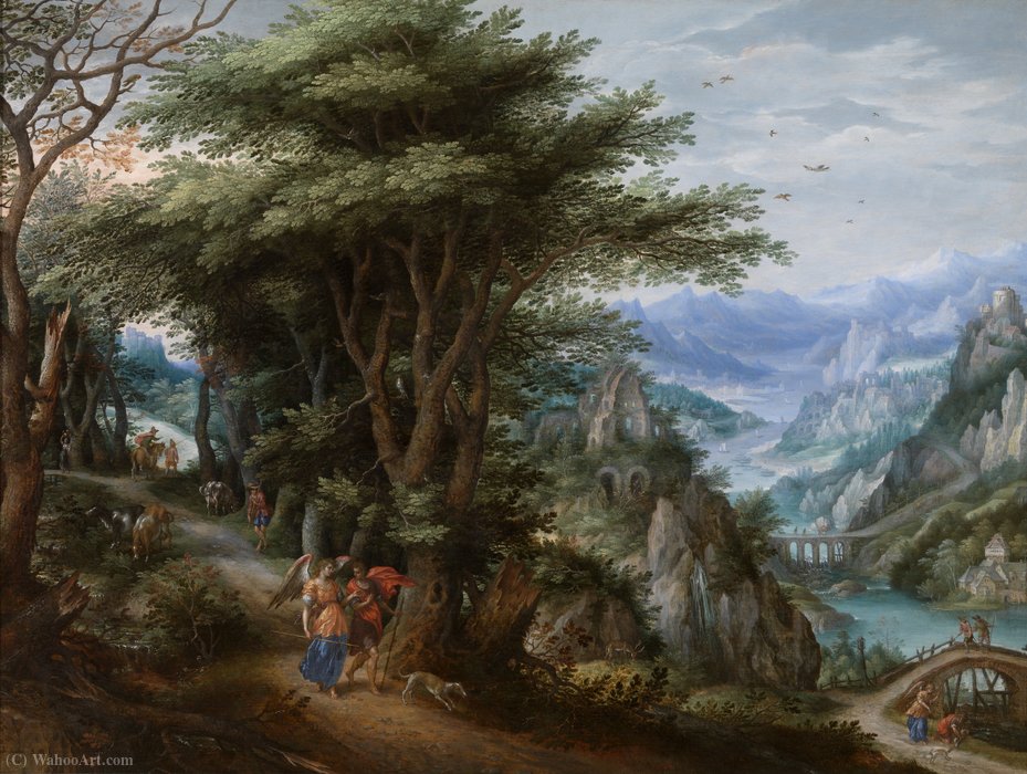 Wikioo.org - The Encyclopedia of Fine Arts - Painting, Artwork by Hendrick De Clerck - Landscape with Tobias and the Archangel Raphael