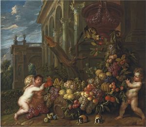 An architectural capriccio with putti around a swag of fruit, with a parrot and guineau pig