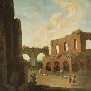 A capriccio with figures amongst ruins