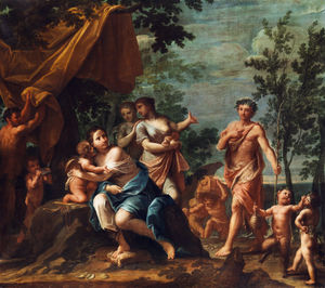 Apollo as shepherd approaches the Three Graces, Venus, Cupid, Cupids, Pan and Panskindern.