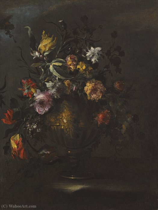 Wikioo.org - The Encyclopedia of Fine Arts - Painting, Artwork by Margherita Caffi - A still life of roses, tulips and other flowers in a bronze vase on a stone ledge