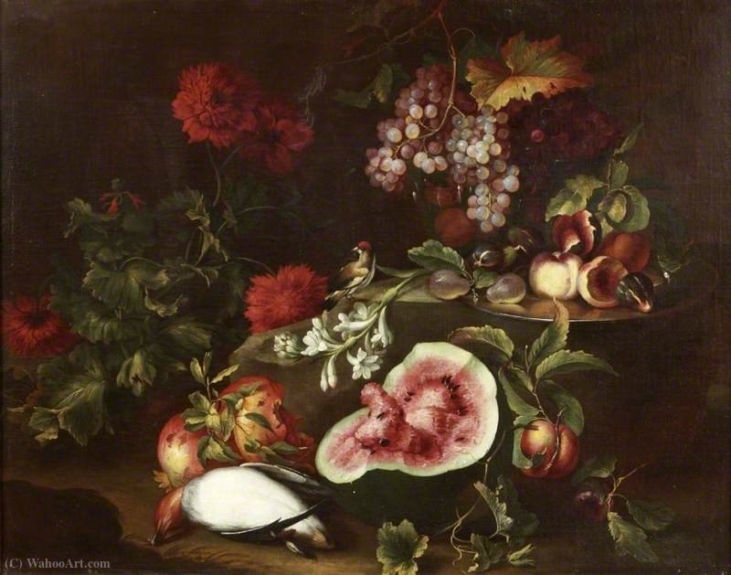 Wikioo.org - The Encyclopedia of Fine Arts - Painting, Artwork by Michele Pace Del Campidoglio - Fruit, Flowers and Birds
