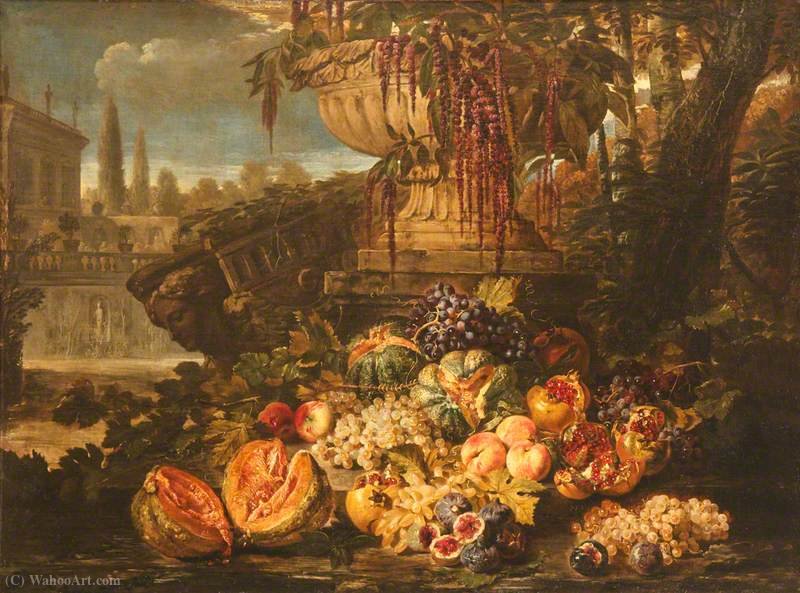 Wikioo.org - The Encyclopedia of Fine Arts - Painting, Artwork by Michele Pace Del Campidoglio - Still Life of Fruit with an Urn in a Garden