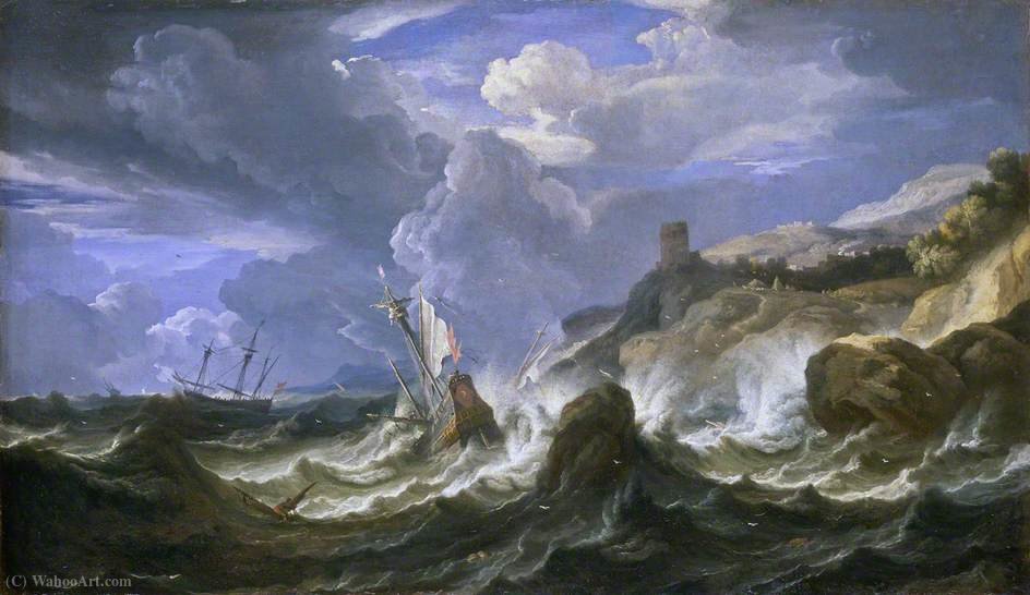 Wikioo.org - The Encyclopedia of Fine Arts - Painting, Artwork by Pieter The Younger Mulier - A Ship Wrecked in a Storm off a Rocky Coast