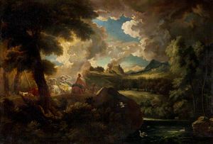 A Wooded Landscape with Figures and a Stormy Sky by the Sea Coast