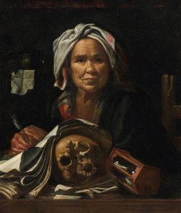 An Old Philosopher at Her Desk, with a Vanitas Skull and an Hourglass