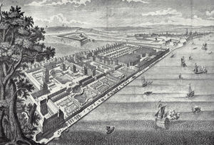 General view of the summer residence Favorite Mainz in an engraving,