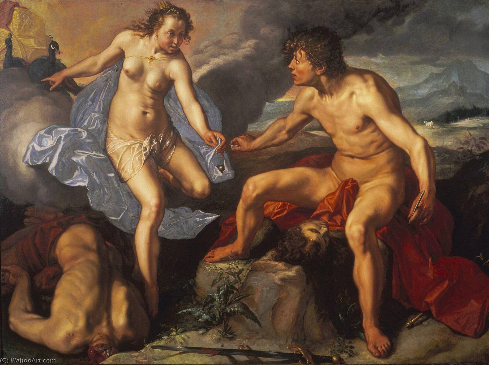 Wikioo.org - The Encyclopedia of Fine Arts - Painting, Artwork by Hendrik Goltzius - Juno receiving the eyes of Argus from Mercury