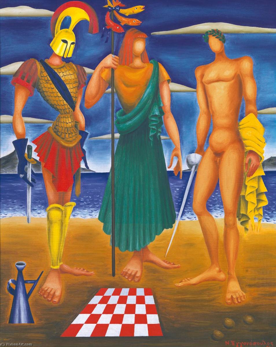 Wikioo.org - The Encyclopedia of Fine Arts - Painting, Artwork by Nikos Engonopoulos - Two Philosophers and a Soldier