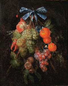 A Festoon of Grapes, a Peach, Oranges, Cherries, Red Peppers, etc