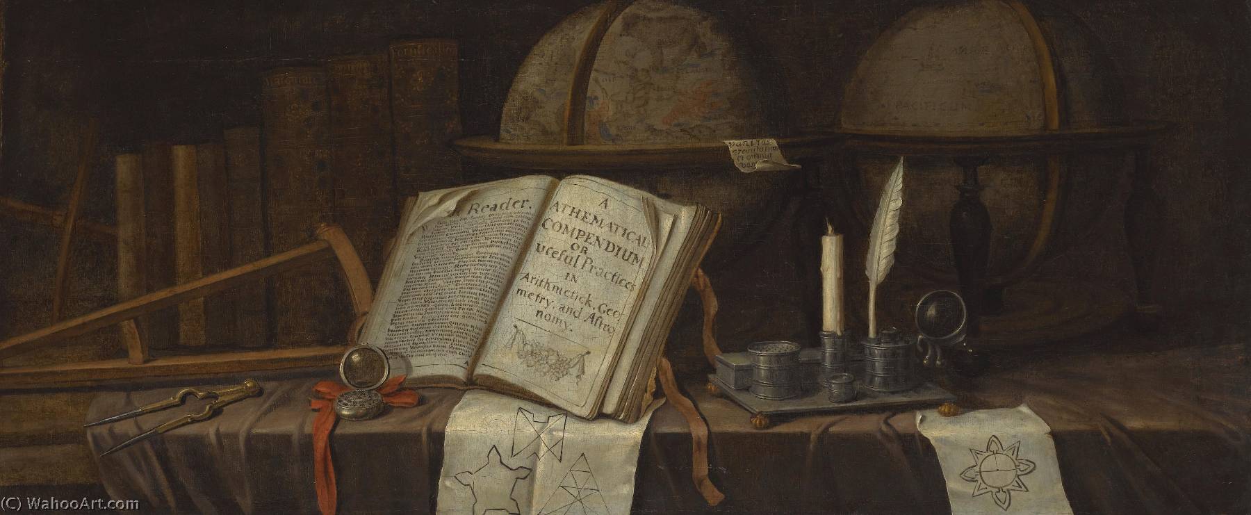  Artwork Replica A vanitas still life with celestial and terrestial globes, a pair of dividers, a sextant, an inkwell with a quill and a candle, and a copy of A mathematical compendium, or, Useful practices in arithmetick, geometry, and astronomy, geography and navigation, embattelling, and quartering of armies, fortification and gunnery, gauging and dyalling explaining the logarithms, with new indices, Nepair`s rods or bones, making of movements, and the application of pendulums with the projection of the sphere for an universal dyal, Etc by Sir Jonas Moore by Edwaert Collier (1642-1708) | ArtsDot.com
