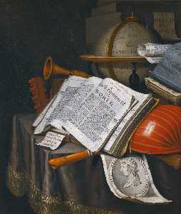 Edwaert Collier - Vanitas still life with an upturned lute, a globe turned to the Pacific Ocean, an open copy of Rider Cardanus' The British Merlin , and an engraving of Caesar Octavianus Augustus