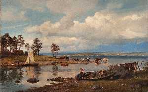 Hans Fredrik Gude - Fjord landscape with people