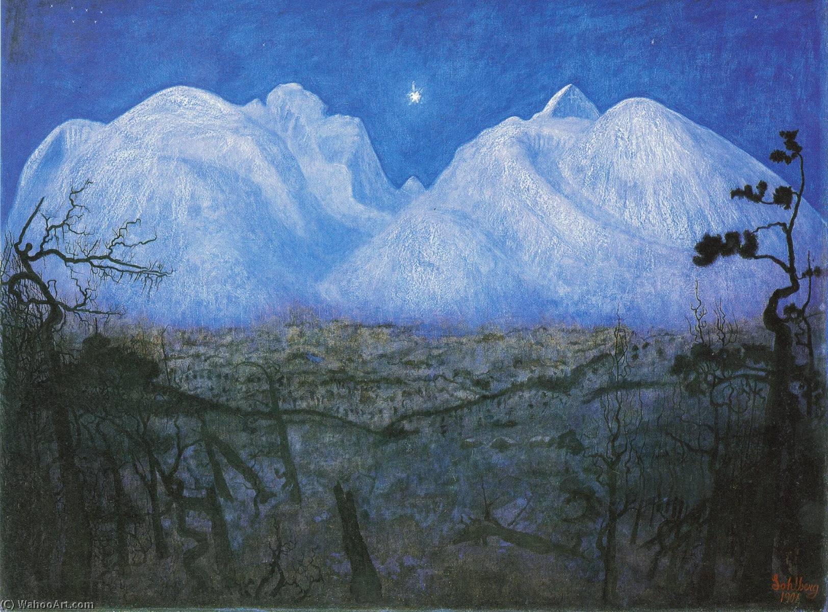 Wikioo.org - The Encyclopedia of Fine Arts - Painting, Artwork by Harald Sohlberg - Norwegian Vinternatt i fjellene (Vinternatt i Rondane)
