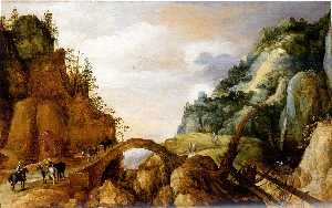 A Mountainous Landscape with Horsemen and Travellers Crossing a Bridge