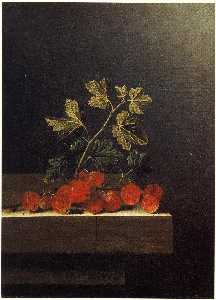 English Spray of Red Gooseberries on a Stone Plinth