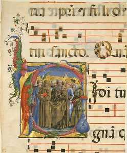 Manuscript Illumination with All Saints in an Initial V, from an Antiphonary