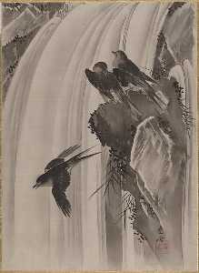 滝に燕図 Swallows by a Waterfall