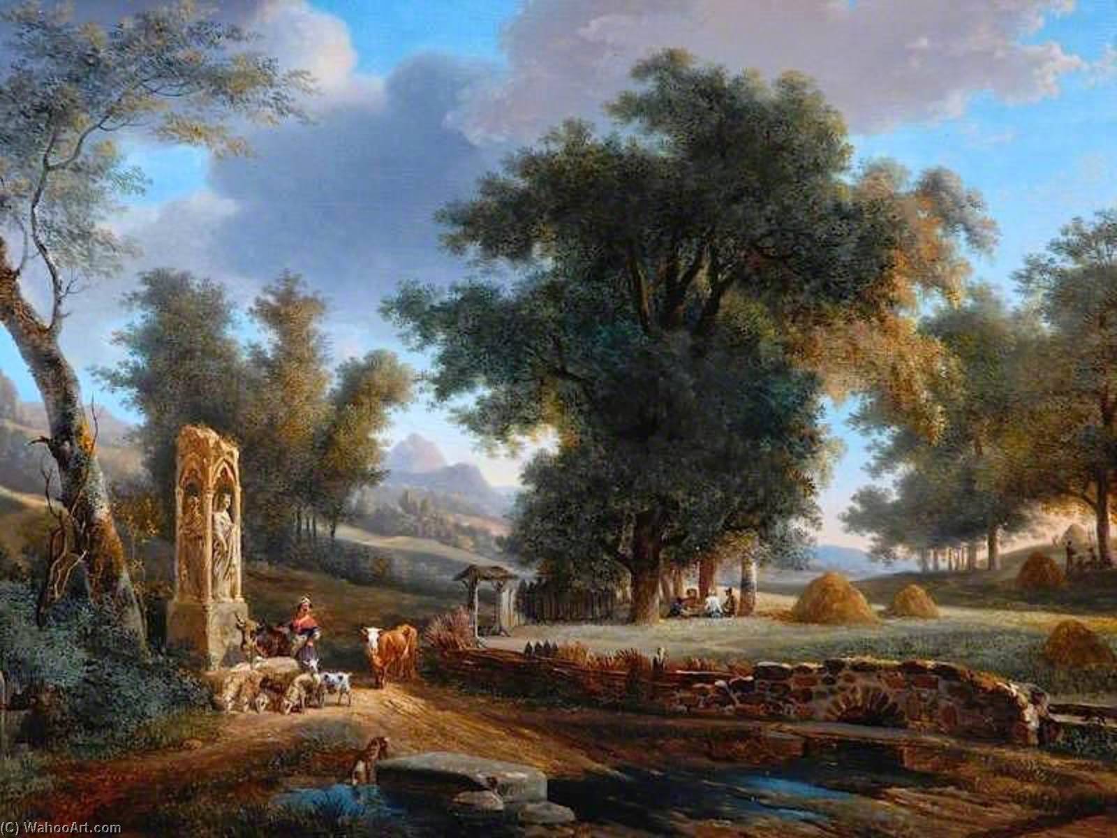 Wikioo.org - The Encyclopedia of Fine Arts - Painting, Artwork by Jean Louis Demarne - Landscape with Figures and a Gothic Monument