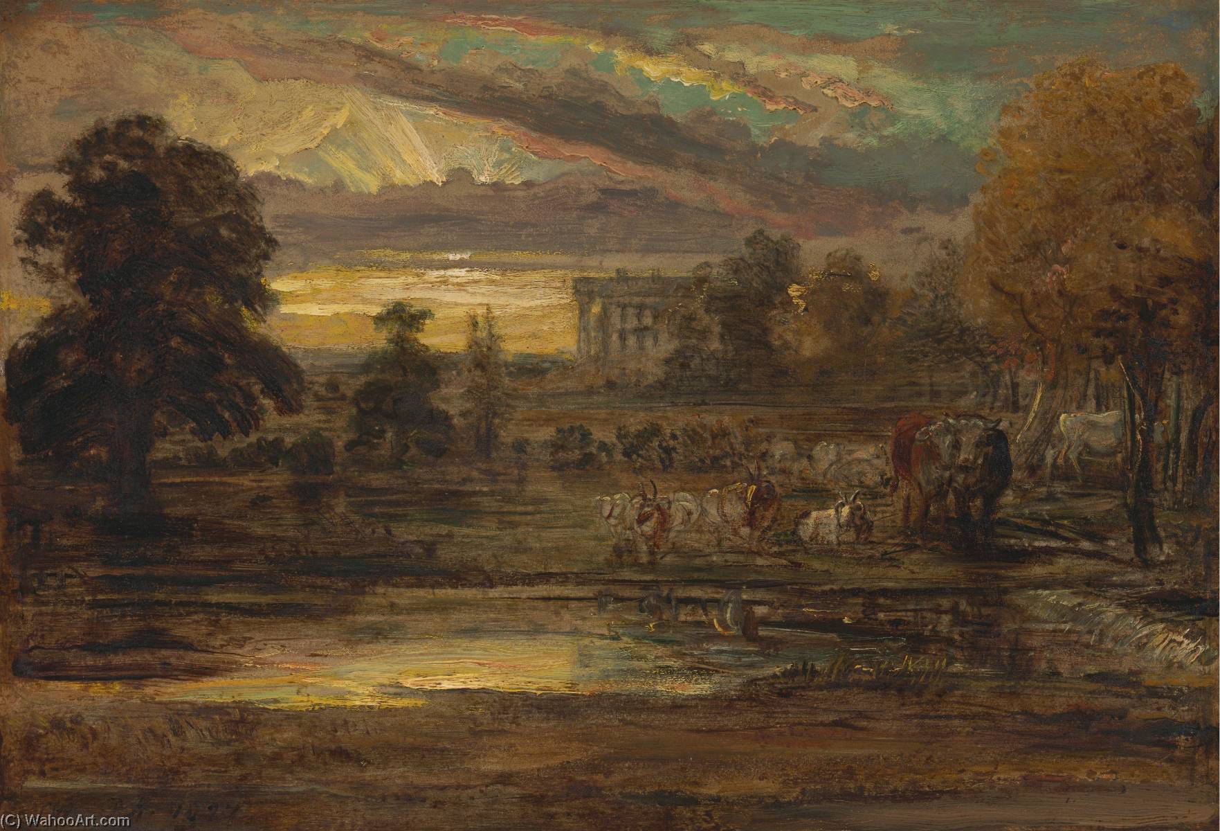 Wikioo.org - The Encyclopedia of Fine Arts - Painting, Artwork by James Ward - Cattle at a Pool at Sunrise