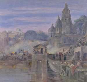 Marianne North - -The Burning Ghats. Benares. India. October 1878-