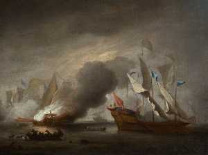 Willem Van De Velde The Elder - A Row Galley on Fire