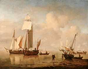 Willem Van De Velde The Elder - A Calm Sea with Two Fishing Boats and a Third Beached