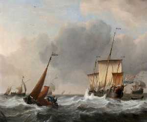 A Dutch Three Master and a Boeier in the Foreground, Her Mainsail Being Lowered in Stormy Weather